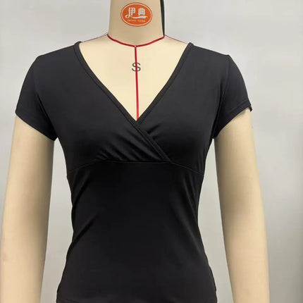 2025 Summer New Fashion Women's T-Shirt Solid-Color Slim-Fit V-Neck Short-Sleeve Top Y2k Clothing