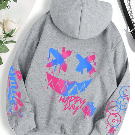 Happy Day Graffiti Print Women Hoodie Street Hip Hop Hoody Fashion Crewneck Versatile Hoodies Vintage Oversize Clothes Female