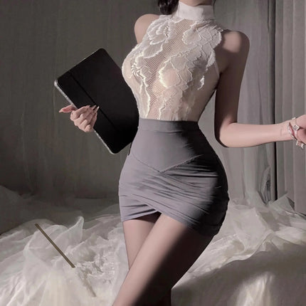 Fetish lingerie; sexy pure secretary hip-hugging skirt; passionate temptation; sexy hollow-out transparent set