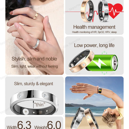 2025 Smart Ring Women Men Super narrow 6.3mm Heart Rate Health Stress measurement Monitor IP68 Waterproof Fashion Sports Rings