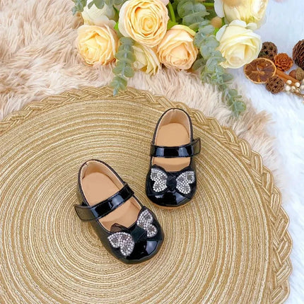 Casual Cute Rhinestone Bowknot Decor Mary Jane Shoes For Baby Girls, Lightweight Non-slip Walking Shoes For Spring And Autumn