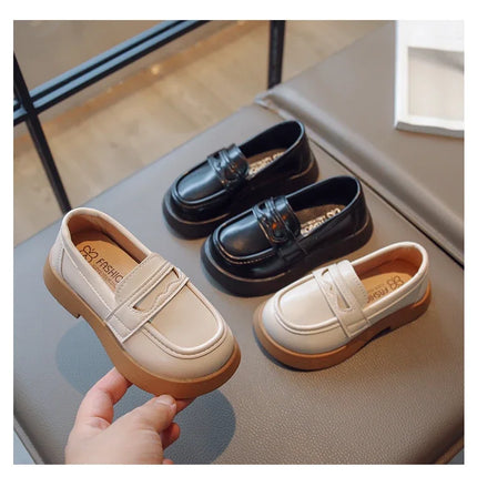 Girls Leather Shoes for Party Wedding Slip-on Simple Solid Black Kids UK Uniform School Shoes Children Loafers 2023 Four Season