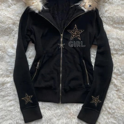 Retro autumn and winter subculture black leopard print star hooded fleece collar zipper sweatshirt Y2K hoodie