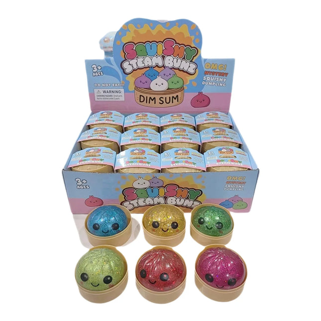 Glitter Dumpling Squishy with Box Dumplings Sensory Steamer Soft TPR Dough Ball for Decompression Fidget Toy Stress Relief Gift