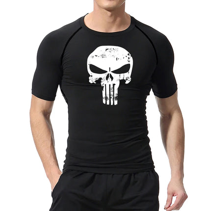 Skull Print Compression Shirts for Men Gym Workout Running Tshirts Sporty Athletic Quick Dry Tees Tops Short Sleeve Rash Guard