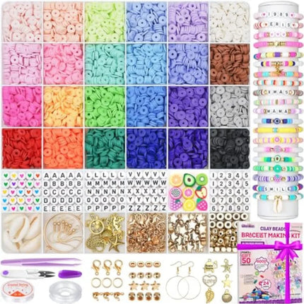 6000 Clay Beads Bracelet Making Kit, 24 Colors Flat Preppy Beads for Friendship Bracelets, Polymer Clay Bead with Charms for Je