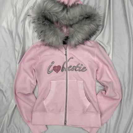 Harajuku Letter Embroidery Double Zipper Hoodie Women American Retro Fur Collar Oversized Sweatshirt Trendy Gothic Streetwear