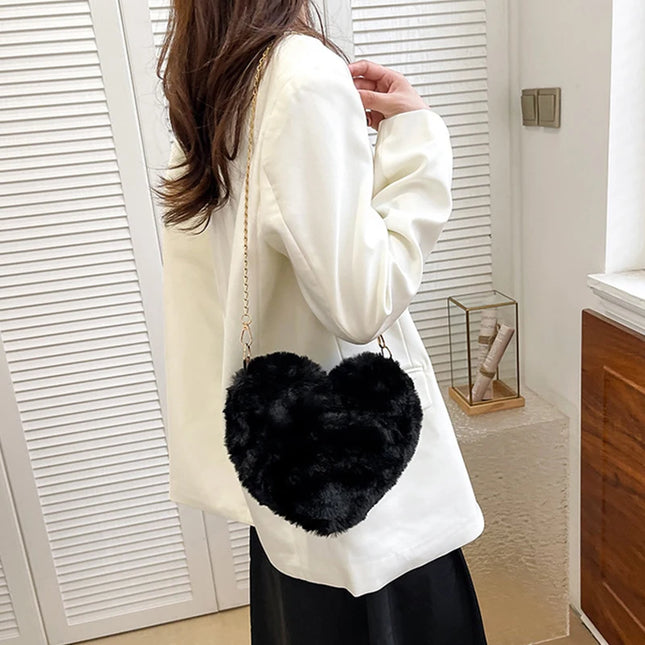 Simple Styles Plush Heart-shaped Handbags Women Handbag Diagonal Crossbody Bag Peach Heart Versatile Fashion Wallet