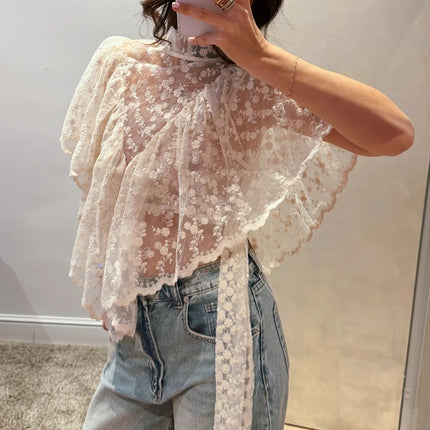Women Summer Flower Embroidery Lace Sheer T-Shirt Irregular Triangle Ruffled Hem Capes Flutter Sleeves High Neck Top