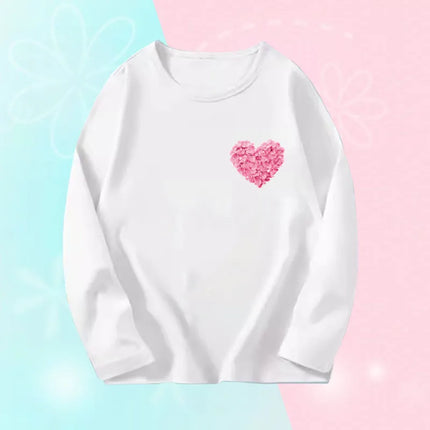 Pink Flower Heart Print Girls T-Shirt Casual White Tops Spring Long Sleeve Kids T-Shirt Kawaii Love Print Tops