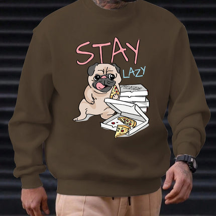 2025 Men's Sweatshirt "STAY LAZY" Pug & Pizza Graphic Chill Streetwear Trendy Soft Relaxed Funny Comfortable Daily Pullover