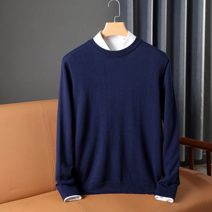 100% Wool Round Neck Solid Color Knitted Sweater Men's Pullover Long Sleeved Loose Sweater Business Casual Simple Cashmeres 2026