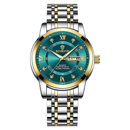 BINBOND Luxury Men Quartz Watch Waterproof Date Week Luminous Wristwatch Stainless Steel Men's Watches Male Clock Sports Reloj