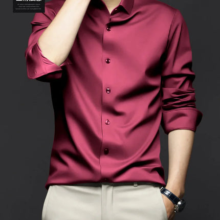 6XL Men Shirt Long Sleeve Slim Fit Luxury Smooth Soft Anti-wrinkle Non-ironing Solid Color Ice Silk Shirts Men Long Sleeve