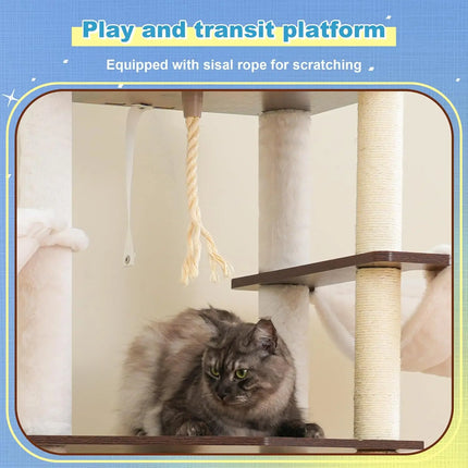 69.7" Wooden Cat Tree with Large Platforms, Hammocks, Condo, Scratching Posts, Ladder, Brush, Waterproof, Rustic Brown