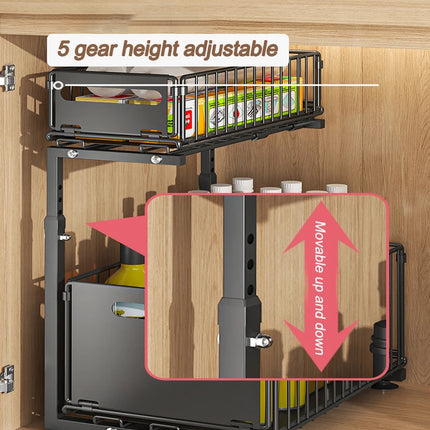 Pull-Out Under Sink Organizer, 2-Tier Adjustable Height Sliding Shelf for Kitchen/Bathroom Cabinet Storage, Black & White