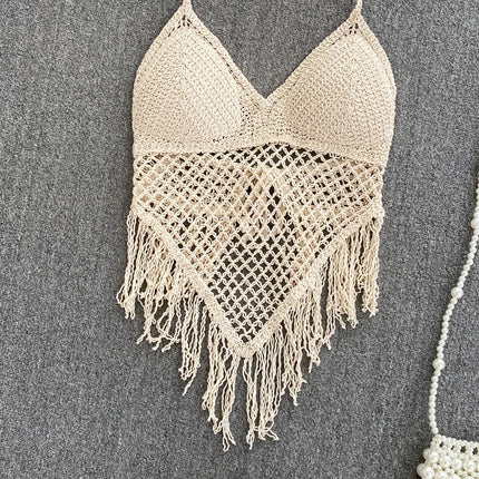 Knitted Tassels Hollow Out Tank Camis for Women Bohemian Style Halter Sleeveless Sexy Femme Corset Crop Tops Beach Tank Camisoles