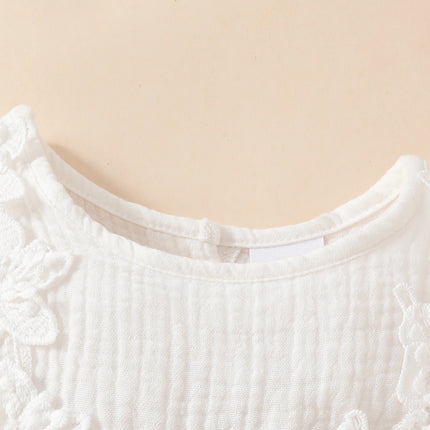 Infant Baby Girl Cotton Linen Baptism Dress with Headband Summer Birthday Party Short Sleeve Lace Flower Embroidery A-Line Dress