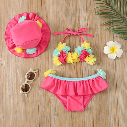 Infant Baby Girls Three-piece Bathing Suit, Flower Halter Neck Swimming Tops, Bottoms and Sun Protection Cap