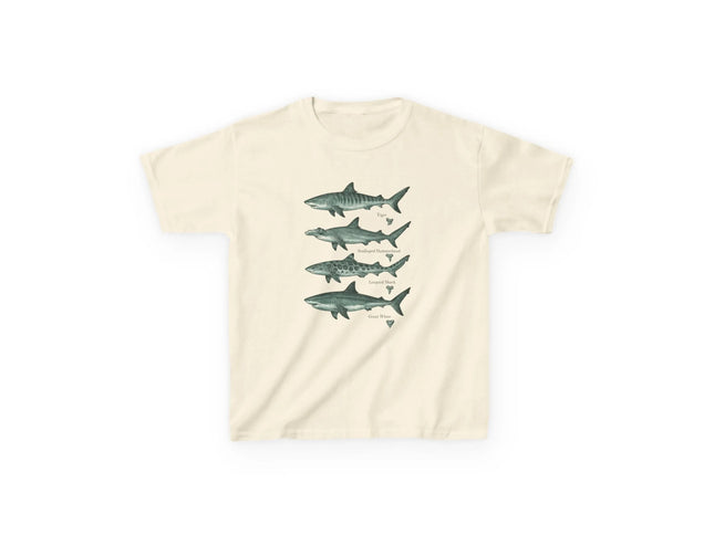 Shark Species T-Shirt, Vintage Style Marine Biology T-Shirt Featuring Natural Tiger Shark, Hammerhead Shark, and Leopard Shark