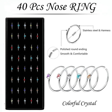 Fashion Crystal Stainless Steel Nose Stud Piercing for Women Hypoallergenic 1.8mm Nose Ring Straight/L/Screw Shaped Body Jewelry