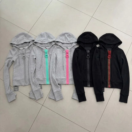 Vintage New Women Street Style Large Zipper Sports Hoodie Y2K High Street Harajuku Slim Fit Men and Women Top