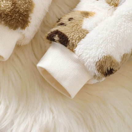 Winter baby girl fashionable casual cute cartoon small bear pattern slanted zipper hooded long sleeved plush jumpsuit