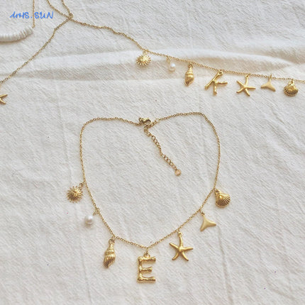 MHS.SUN Starfish Shell Initial Necklace Waterproof 18K Gold Plated Stainless Steel Charm Necklaces Surfer Girl Summer Beach Gift