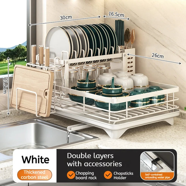 Multifunctional Kitchen Dish Drying Rack Adjustable Over Sink Plate Organizer with Removable Drainboard