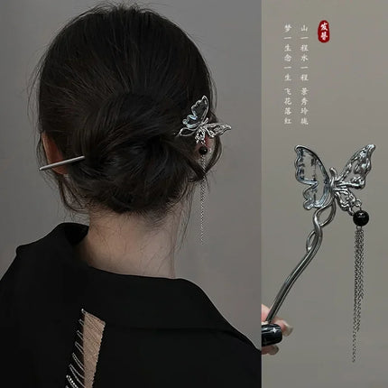 New Chinese Style Butterfly Flower Tassel Hair Stick for Women Vintage Metal Hanfu Chopstick Hair Sticks Ebony Hair Accessories