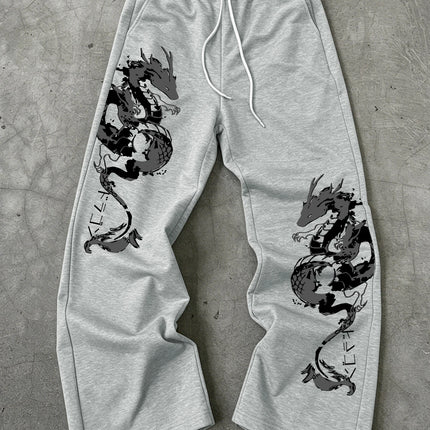 Men's Harajuku Dual Side Ink Dragon Japanese Katakana Print Wide Leg Sweatpants Drawstring Soft Asian Street Loose Trousers