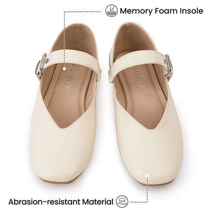 Mary Jane Shoes Female Genuine Leather  V-Cut Snap Ballet Shoes Women Square Toe Flat Cowhide Ladies Shoes