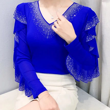 2025 Autumn New Style Mesh Tops Korean Fashion Round Neck Ruffles Shirt Lotus Leaf Edge Hot Diamond Long Sleeve Women T Shirt