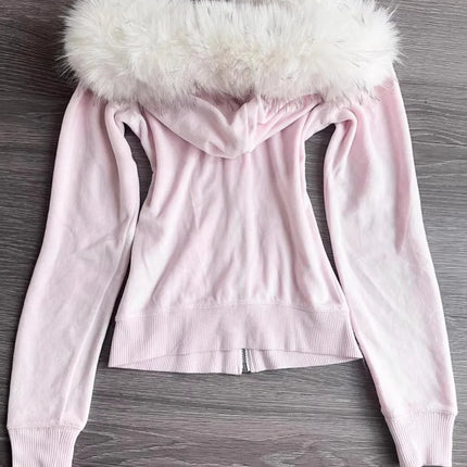 Millennial Y2K Vintage Spice Girl Slim Waist Pink Zipper Hooded Hoodie Jacket Female Autumn/Winter Design Sense Woolly Hat