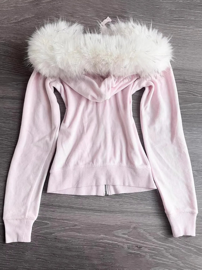 Millennial Y2K Vintage Spice Girl Slim Waist Pink Zipper Hooded Hoodie Jacket Female Autumn/Winter Design Sense Woolly Hat