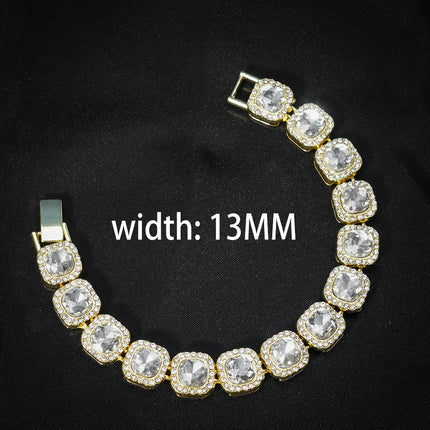 HipHop Men Women 13MM Prong Cuban Link Chain Bracelet Bling Iced Out 2 Row Rhinestone Paved Miami Rhombus Cuban Chain Jewelry