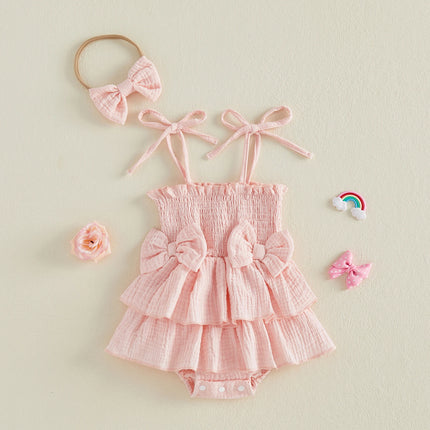 0-18M Newborn Baby Girl Summer Romper Dress Tie-up Sleeveless RBodysuit with Bowknot Hairband 2pcs Sets Casual Clothes
