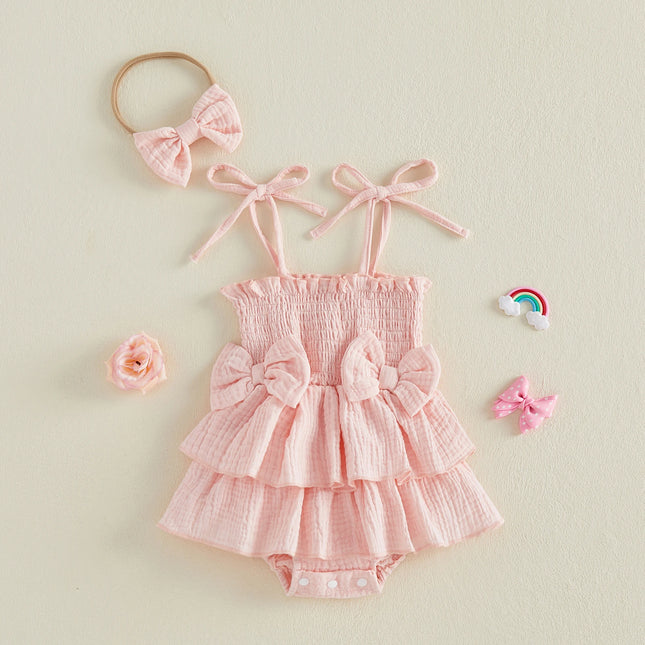 0-18M Newborn Baby Girl Summer Romper Dress Tie-up Sleeveless RBodysuit with Bowknot Hairband 2pcs Sets Casual Clothes