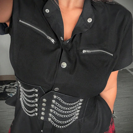 Plus Size Women's Casual Punk Metal Zipper Dark Short-Sleeved Shirt Y2K Millennium Style Street Office Commuting