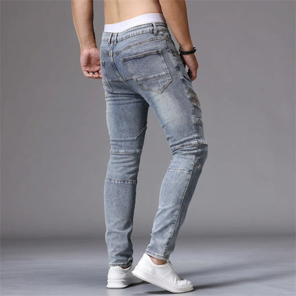 Men's Patchwork Skinny Ripped Jeans Fashion Trousers Elastic Slim Hole Biker Denim Pants Hip-hop Rock American Streetwear