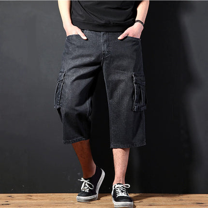 New Summer Men's Multi-pocket Jeans, Workwear-style Blue Denim Shorts, Asian Sizes 30–42.