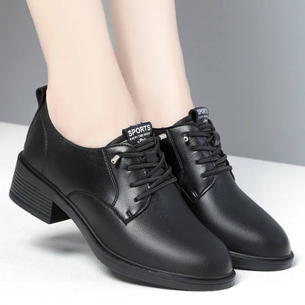 British Style Spring Autumn Women's Round-Toe Square-Heel Slip-On Office Pumps for Work or Parties, Comfortable Soft Leather 2024