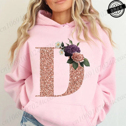 Rose Gold Letter A~Z Printed Women's Sweatshirts Hoodie Fashion Women Hooded Hoodies Casual Harajuku Streetwear Pink Clothing