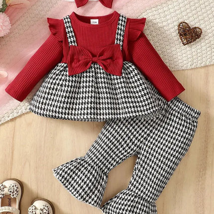 Baby Girl Autumn/Winter Fashion Cute Round Neck Thousand Bird Grid Color blocked Lotus Leaf Side Sleeve Fake Two piece Strap Ski