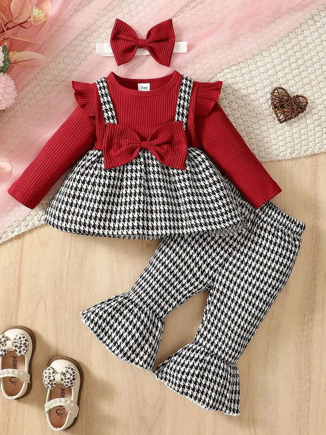 Baby Girl Autumn/Winter Fashion Cute Round Neck Thousand Bird Grid Color blocked Lotus Leaf Side Sleeve Fake Two piece Strap Ski