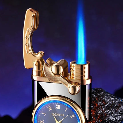 New Quartz Watch Windproof Lighter Metal Blue Light Rocker Arm Butane Jet Flame Torch Lighter Smoking Men's Gift Ignition Tools