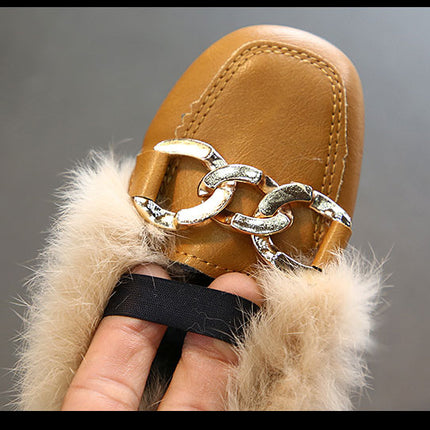 Kids Fur Shoes Children Velvet Shoes Baby Girls Warm Flats Toddler Black Brand Shoes Princess Loafer Chain Moccasin For Winter