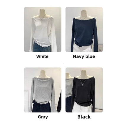One Shoulder Cotton Slant Shoulder Long Sleeve Women's Interior-Style Wide Truffle Shoulder Base Autumn Winter Shirt