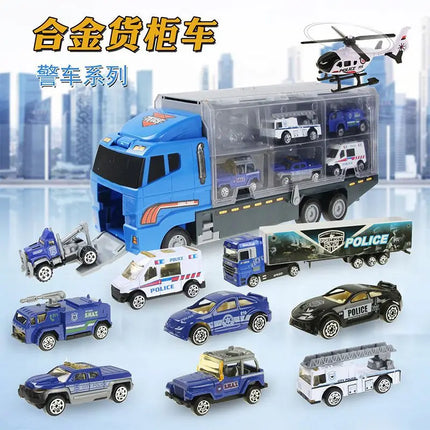10 in 1 Big Trucks Set Mini Alloy Diecast Car Model Toys Vehicles Carrier Truck Helicopter Tank Fire Truck Engineering Car Toys