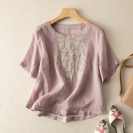Fashion Thin Cotton Linen Y2k Tops Tee Women Clothing Summer Loose T Shirts Woman Embroidered T-shirt Blusa Casual Ladies tshirt